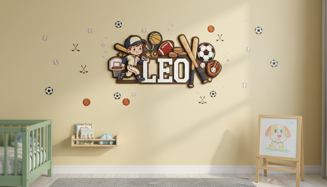 Personalized Nursery Name Sign, Custom Sports Baby Name Sign, All Sports Nursery Wall Decor, Wooden Boy Room Name Plaque