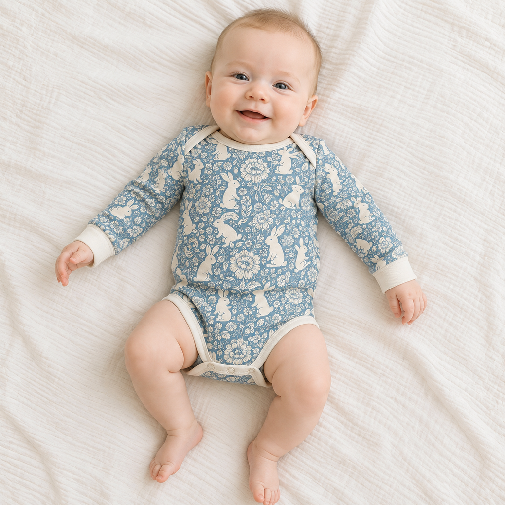 Floral Bunny Bamboo Baby Bodysuit – Blue Botanical Rabbit Infant Onesie