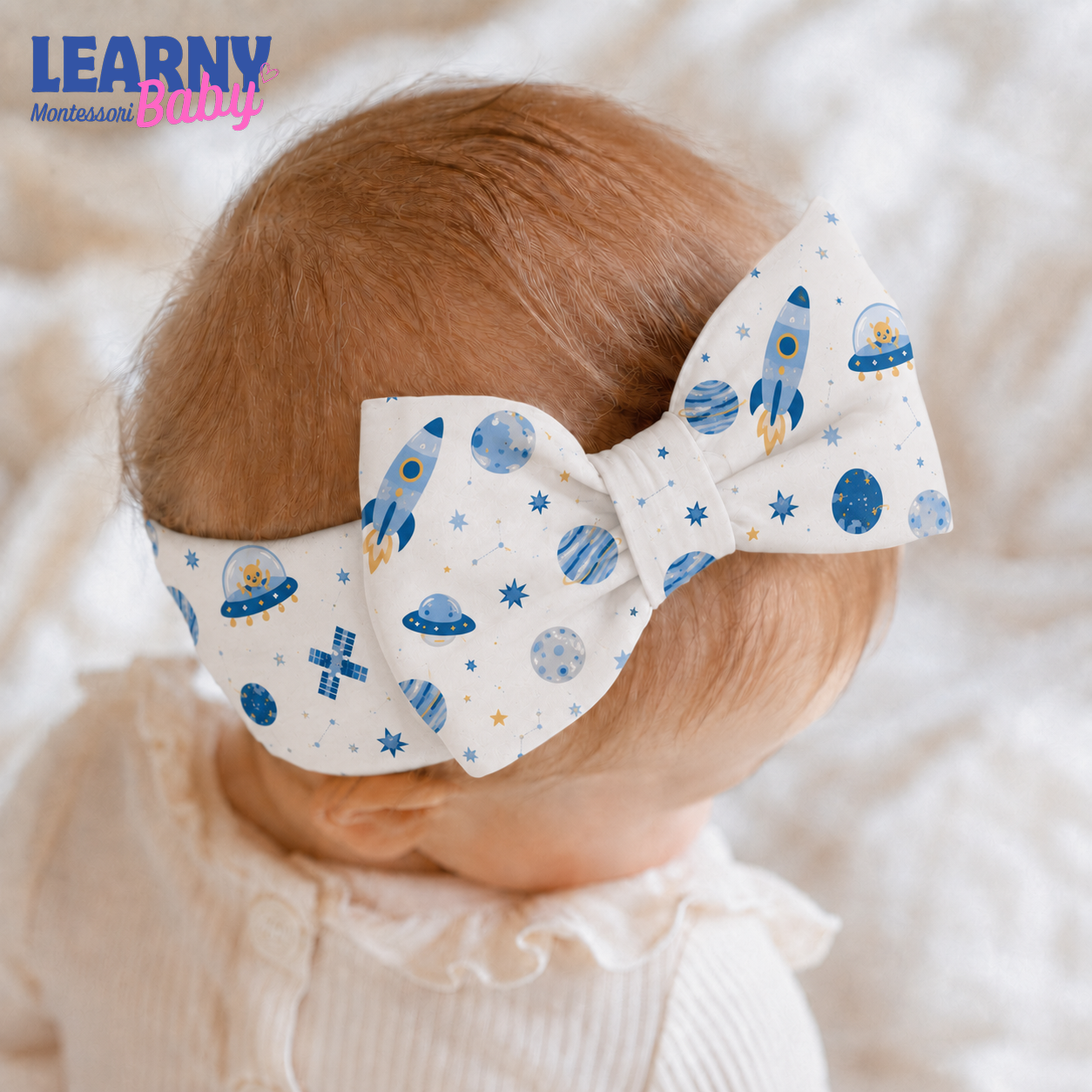 Space Rocket Bamboo Baby Bow Headband, Galaxy Newborn Headwrap, Planet and Star Baby Girl Hair Accessory