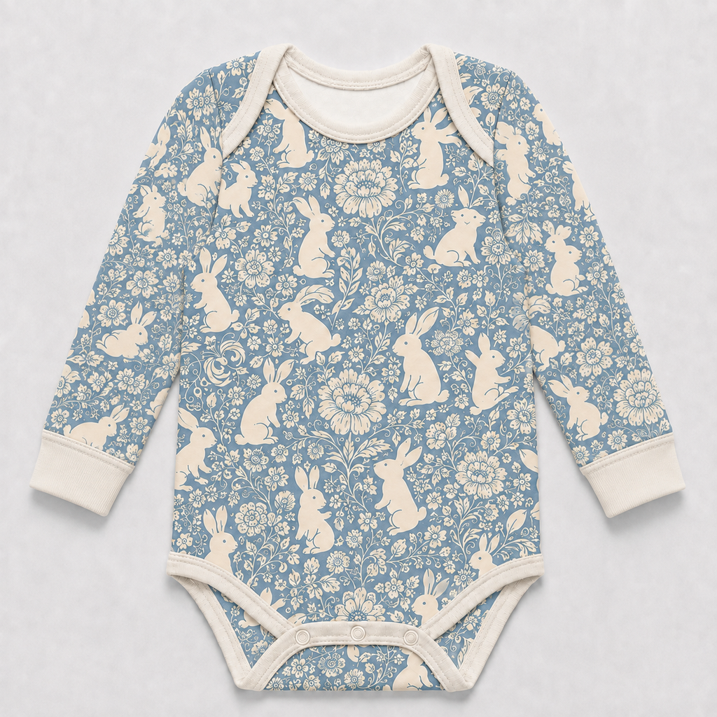 Floral Bunny Bamboo Baby Bodysuit – Blue Botanical Rabbit Infant Onesie