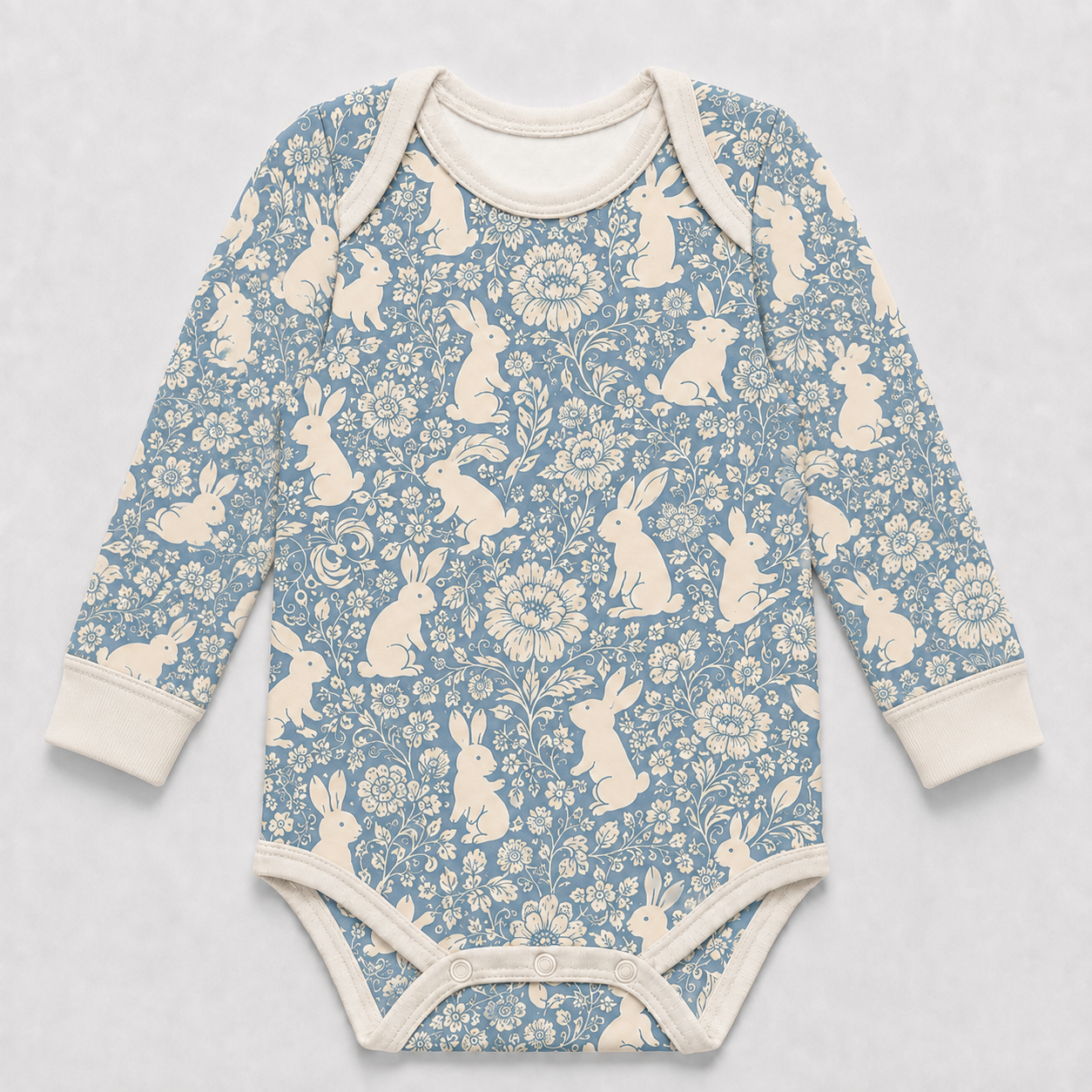 Floral Bunny Bamboo Baby Bodysuit – Blue Botanical Rabbit Infant Onesie