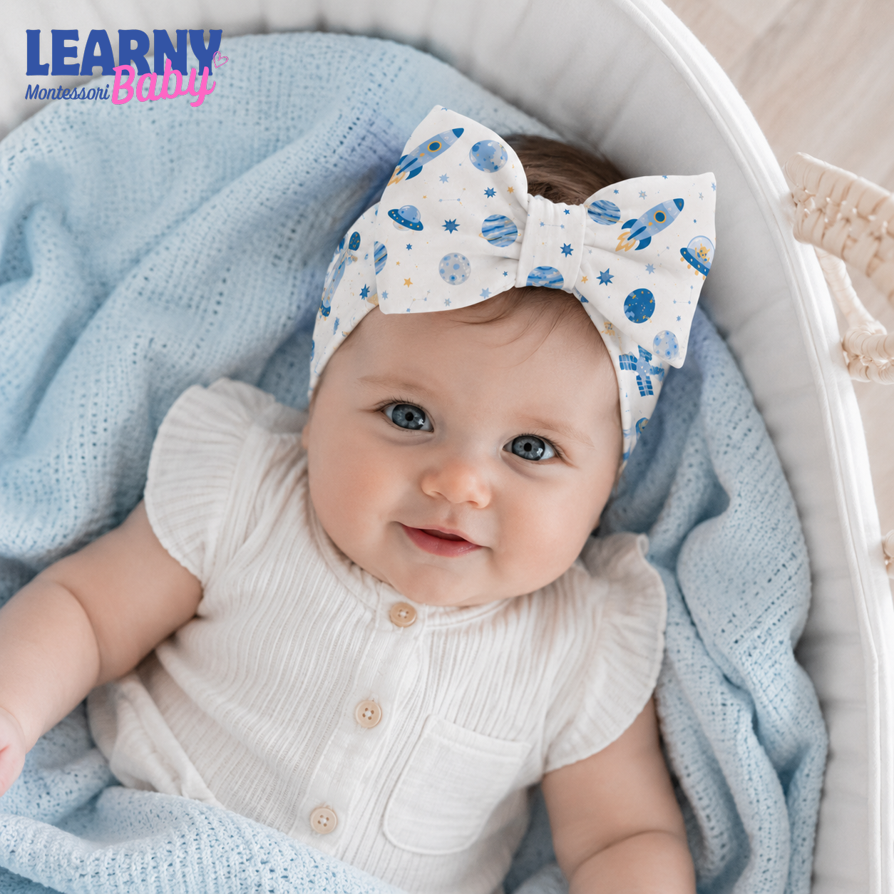 Space Rocket Bamboo Baby Bow Headband, Galaxy Newborn Headwrap, Planet and Star Baby Girl Hair Accessory