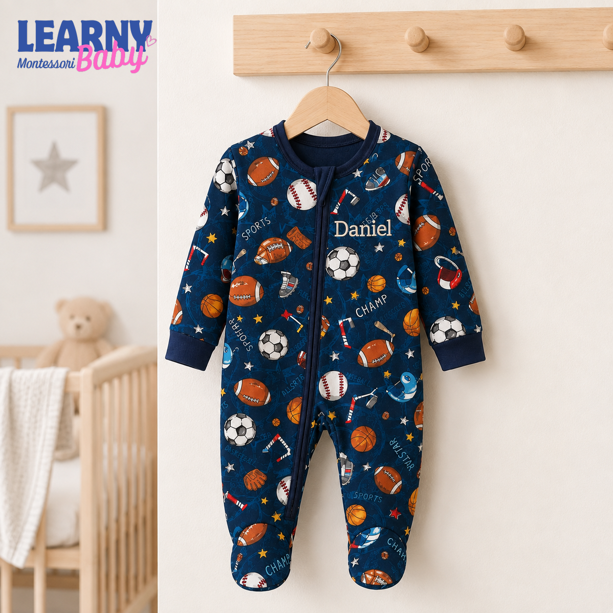 Personalized Sports Bamboo Footie Zippy for Baby, Football Baseball Baby Pajamas, Custom Name Sleeper
