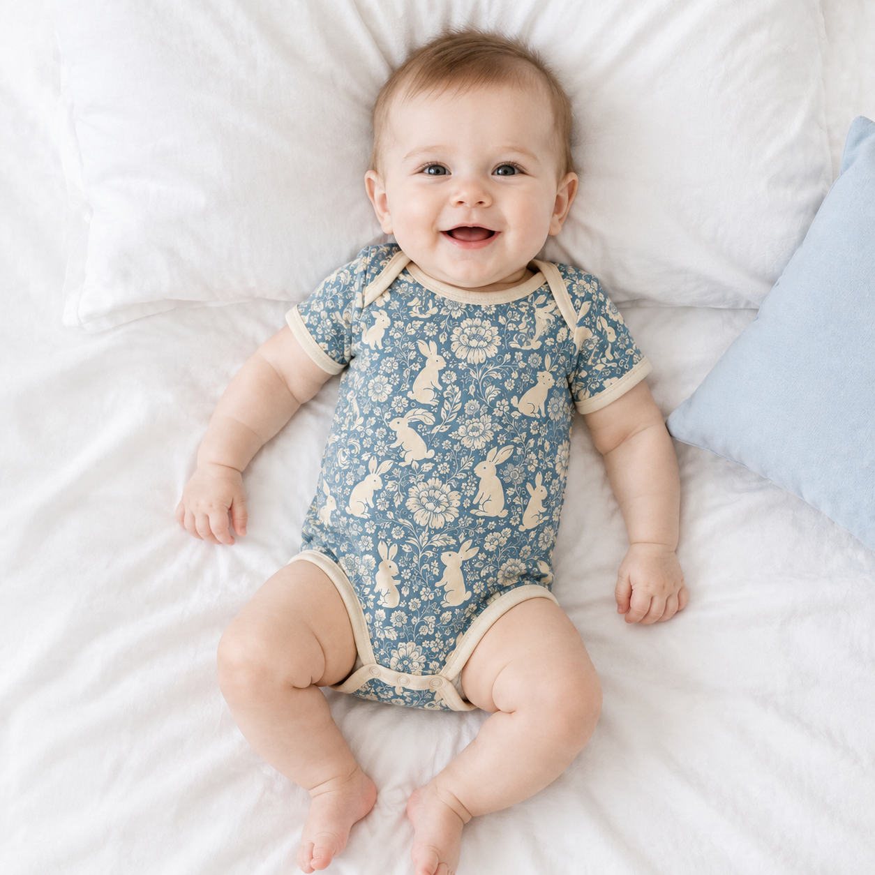Floral Bunny Bamboo Baby Bodysuit – Blue Botanical Rabbit Infant Onesie