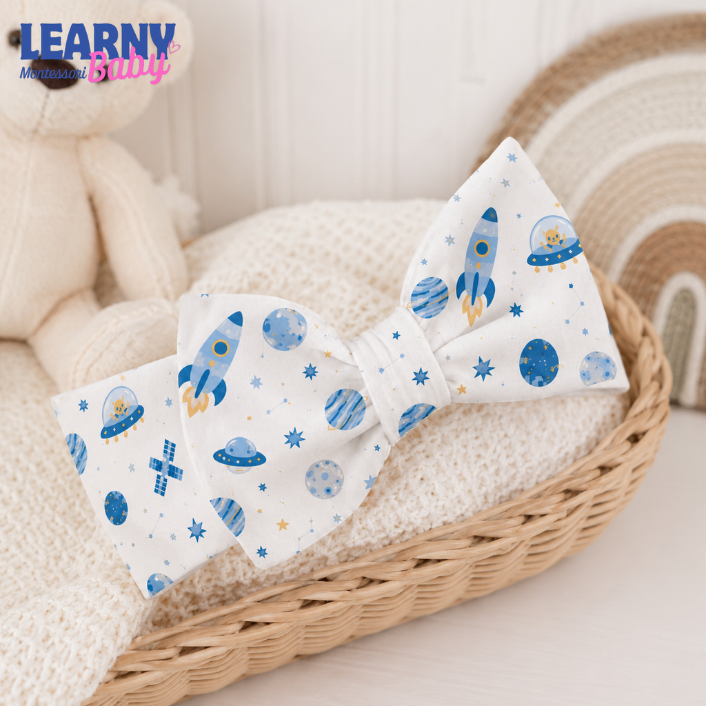 Space Rocket Bamboo Baby Bow Headband, Galaxy Newborn Headwrap, Planet and Star Baby Girl Hair Accessory