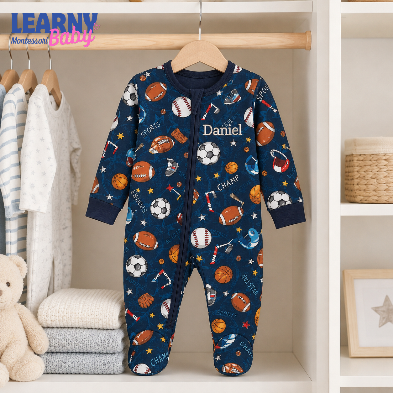 Personalized Sports Bamboo Footie Zippy for Baby, Football Baseball Baby Pajamas, Custom Name Sleeper