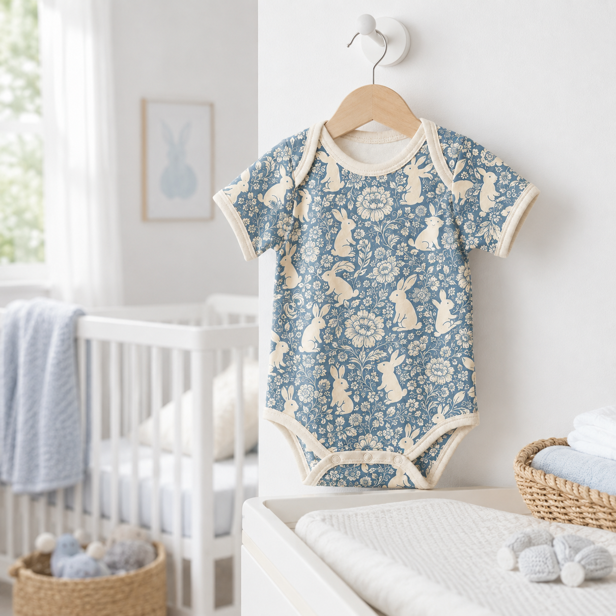 Floral Bunny Bamboo Baby Bodysuit – Blue Botanical Rabbit Infant Onesie