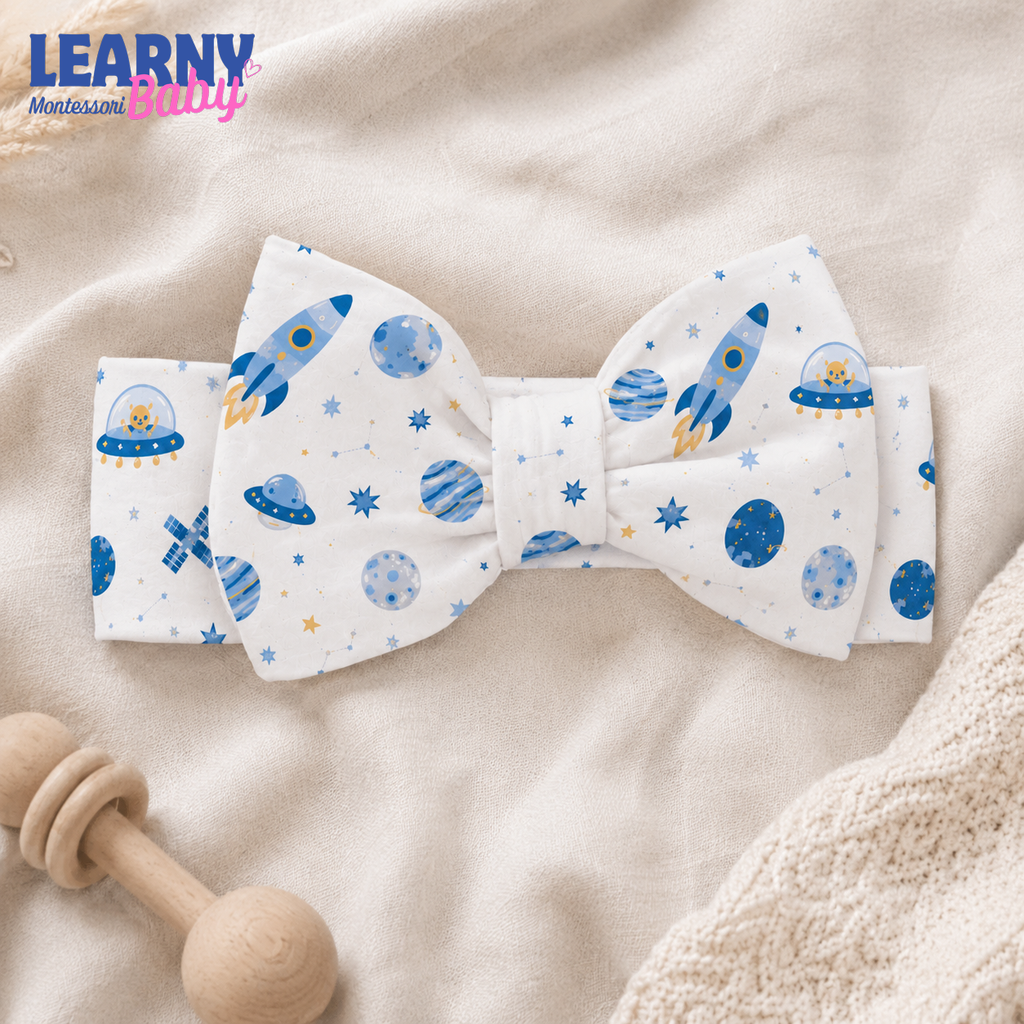 Space Rocket Bamboo Baby Bow Headband, Galaxy Newborn Headwrap, Planet and Star Baby Girl Hair Accessory