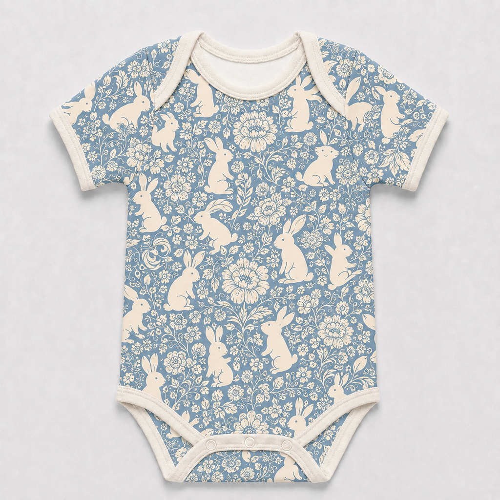 Floral Bunny Bamboo Baby Bodysuit – Blue Botanical Rabbit Infant Onesie