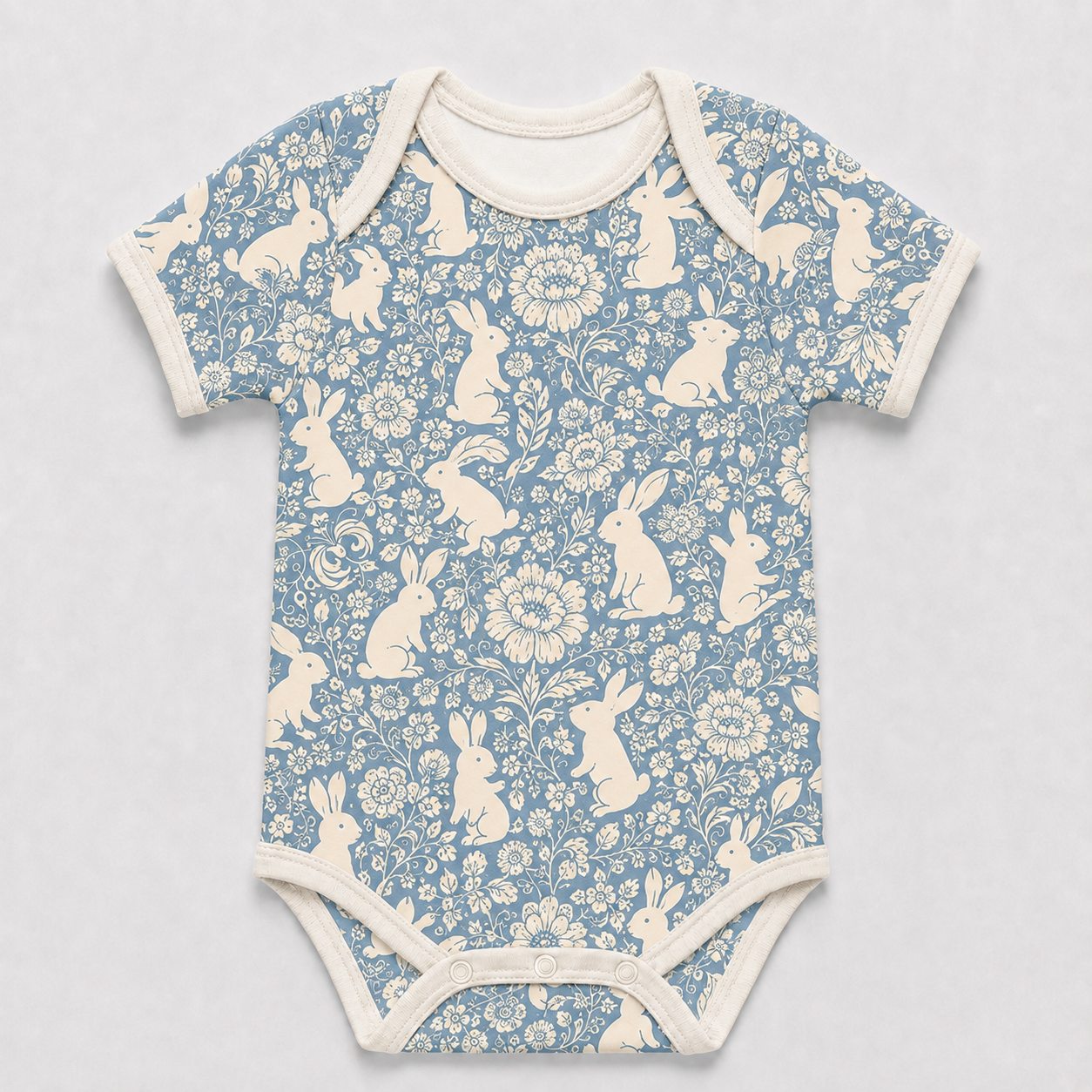 Floral Bunny Bamboo Baby Bodysuit – Blue Botanical Rabbit Infant Onesie
