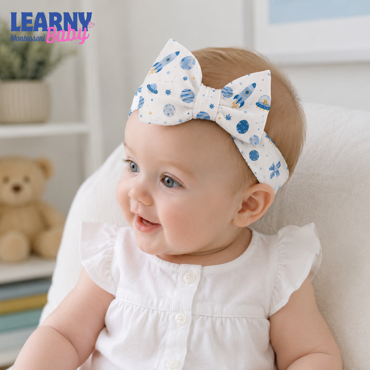 Space Rocket Bamboo Baby Bow Headband, Galaxy Newborn Headwrap, Planet and Star Baby Girl Hair Accessory