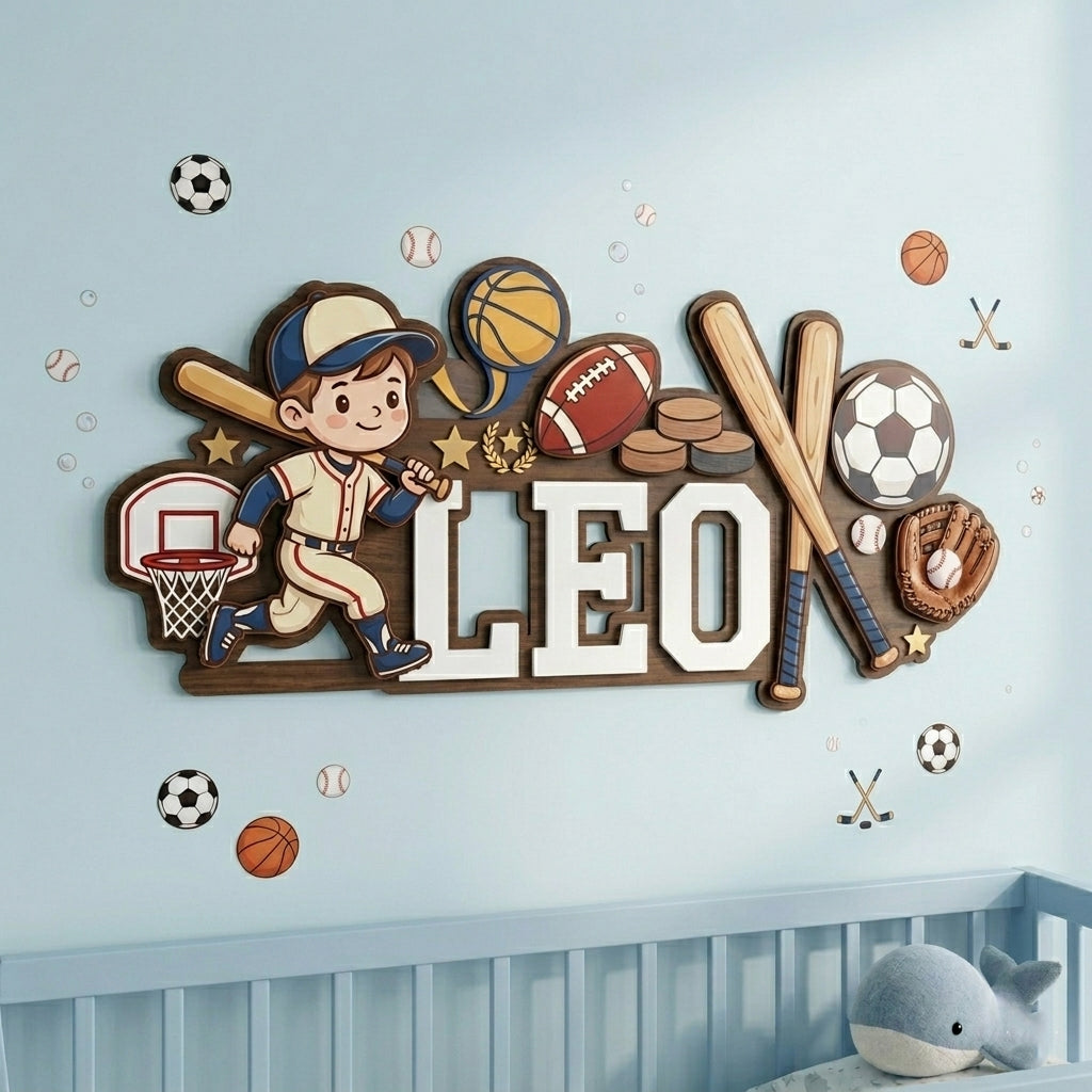 Personalized Nursery Name Sign, Custom Sports Baby Name Sign, All Sports Nursery Wall Decor, Wooden Boy Room Name Plaque
