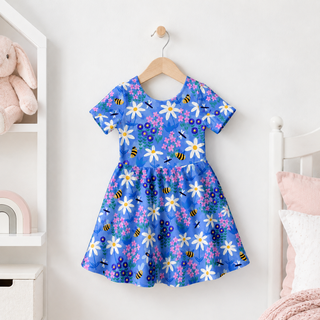 Bee & Daisy Garden Bamboo Twirl Dress for Girls – Blue Floral Skater Dress