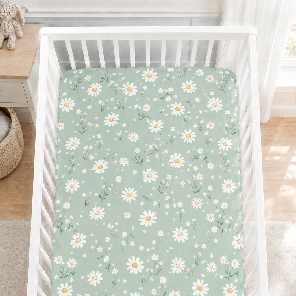 Sage Green Daisy Bamboo Fitted Crib Sheet – Floral Baby Nursery Bedding
