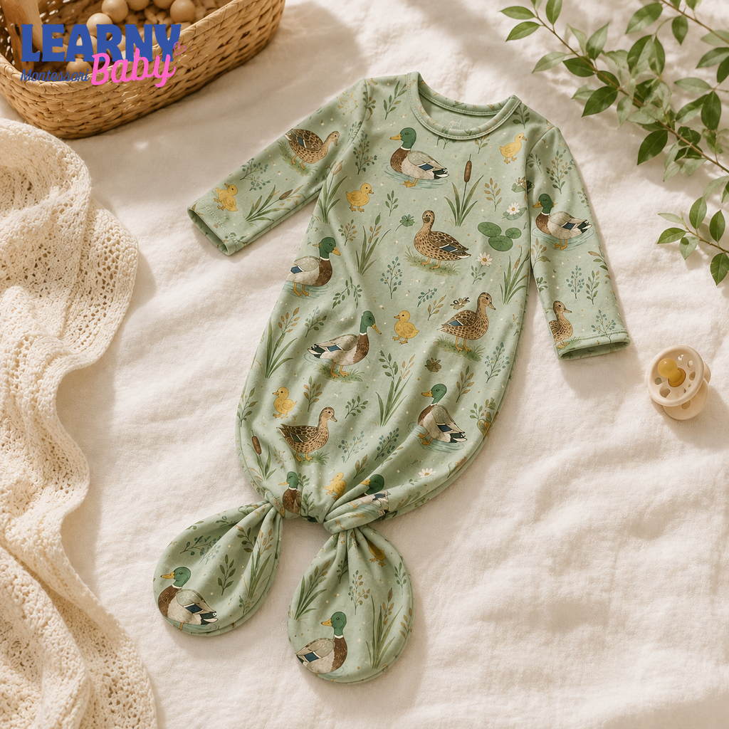 Newborn Baby Knotted Gown, Mallard Duck Bamboo Sleeper, Woodland Baby Coming Home Outfit