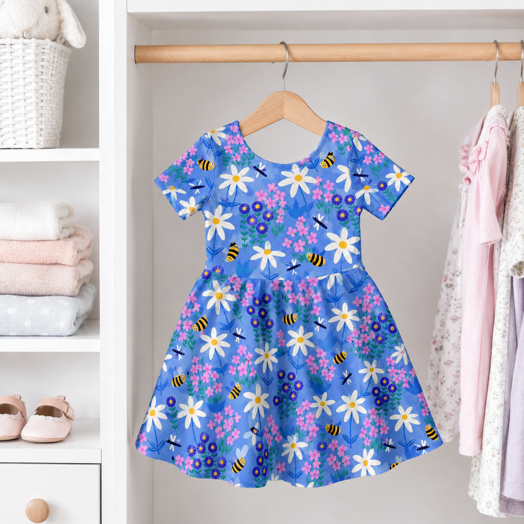 Bee & Daisy Garden Bamboo Twirl Dress for Girls – Blue Floral Skater Dress