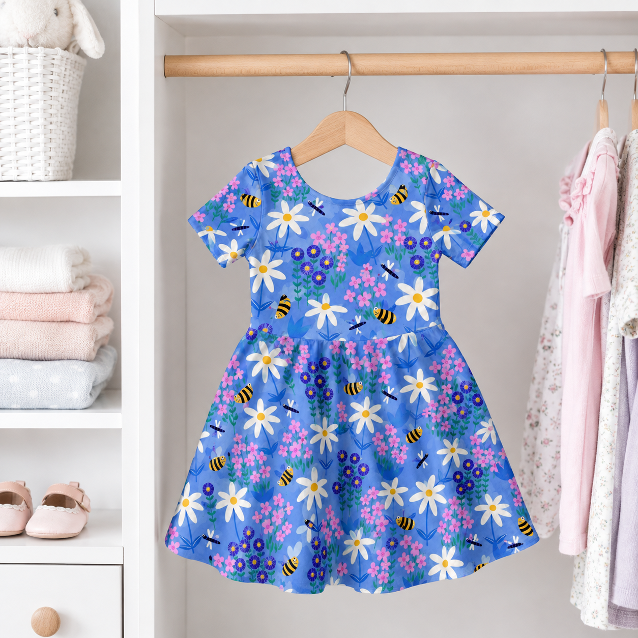 Bee & Daisy Garden Bamboo Twirl Dress for Girls – Blue Floral Skater Dress