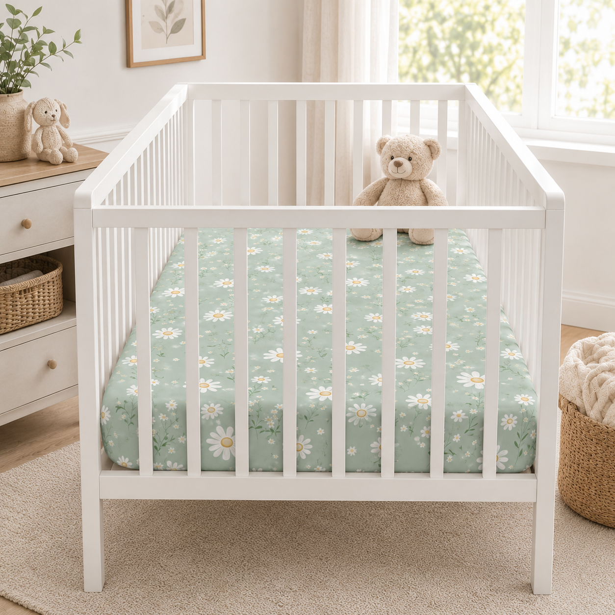 Sage Green Daisy Bamboo Fitted Crib Sheet – Floral Baby Nursery Bedding