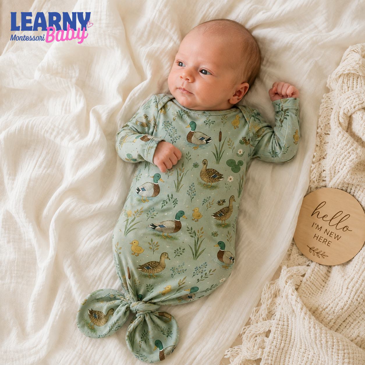 Newborn Baby Knotted Gown, Mallard Duck Bamboo Sleeper, Woodland Baby Coming Home Outfit