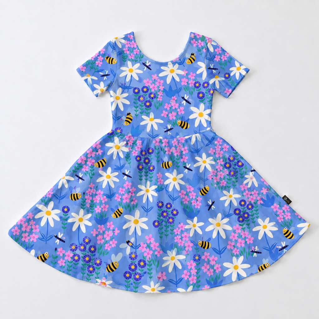 Bee & Daisy Garden Bamboo Twirl Dress for Girls – Blue Floral Skater Dress