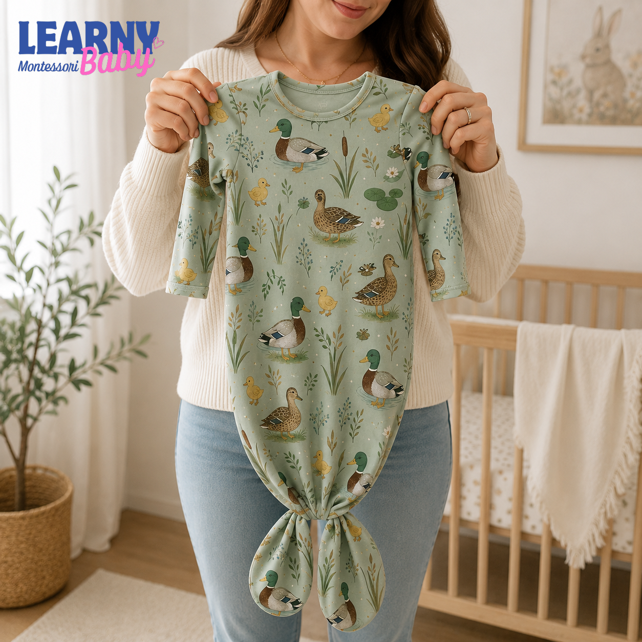 Newborn Baby Knotted Gown, Mallard Duck Bamboo Sleeper, Woodland Baby Coming Home Outfit