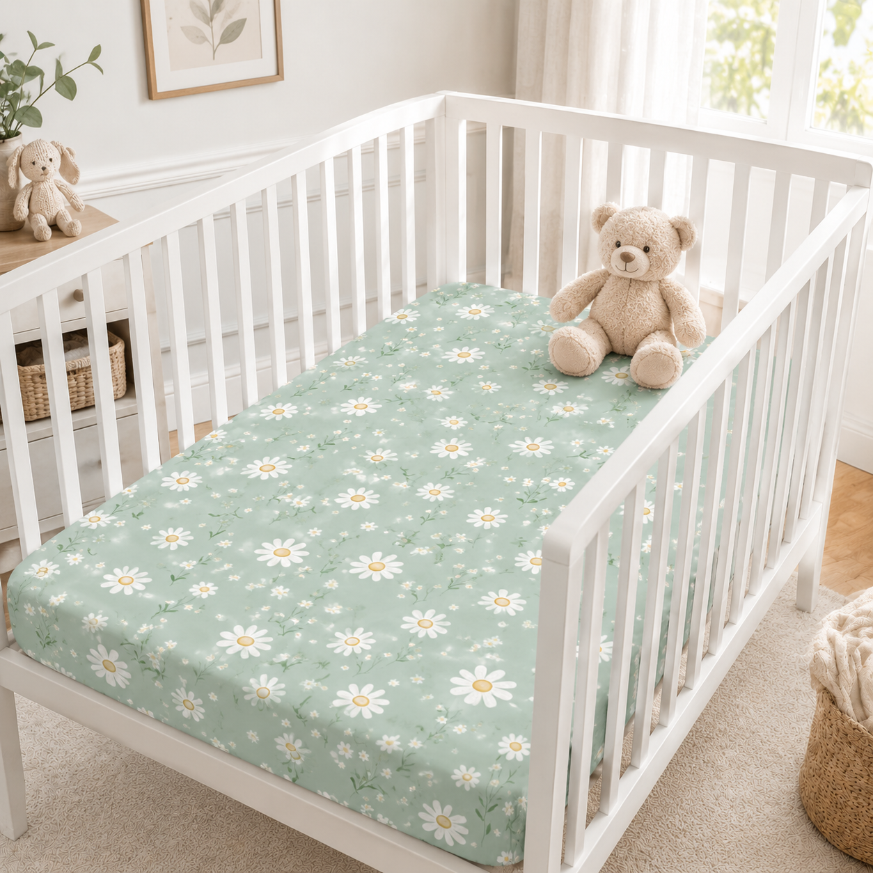 Sage Green Daisy Bamboo Fitted Crib Sheet – Floral Baby Nursery Bedding