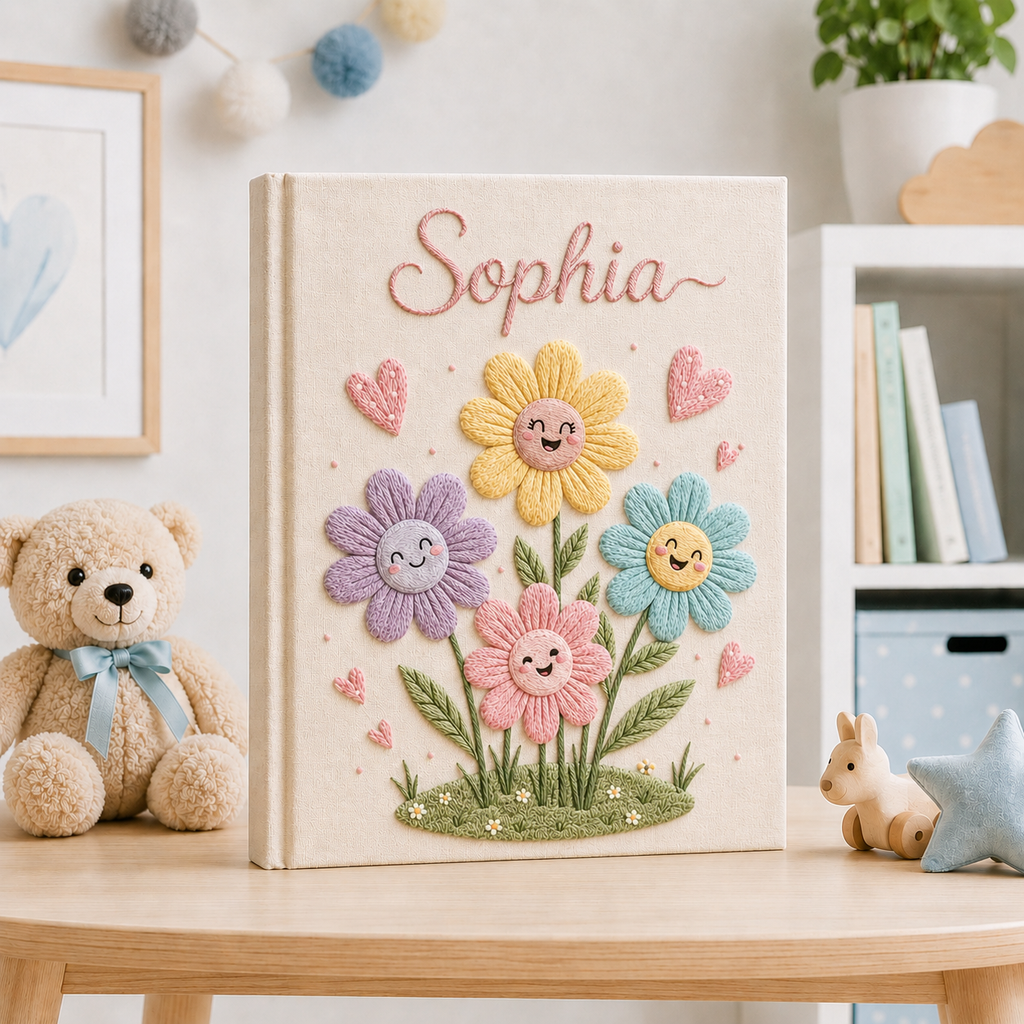 Personalized Flower Baby Photo Album, Custom Hand Embroidered Keepsake Album with Sleeves, Cute Linen Memory Book EPLB08
