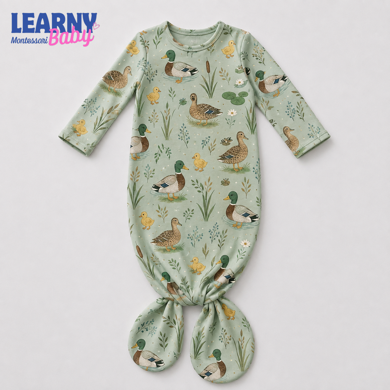 Newborn Baby Knotted Gown, Mallard Duck Bamboo Sleeper, Woodland Baby Coming Home Outfit
