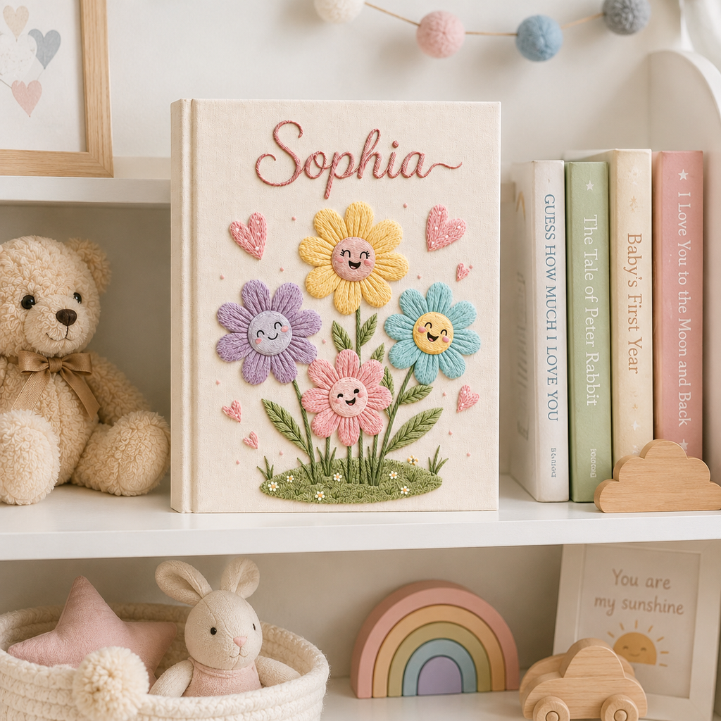 Personalized Flower Baby Photo Album, Custom Hand Embroidered Keepsake Album with Sleeves, Cute Linen Memory Book EPLB08