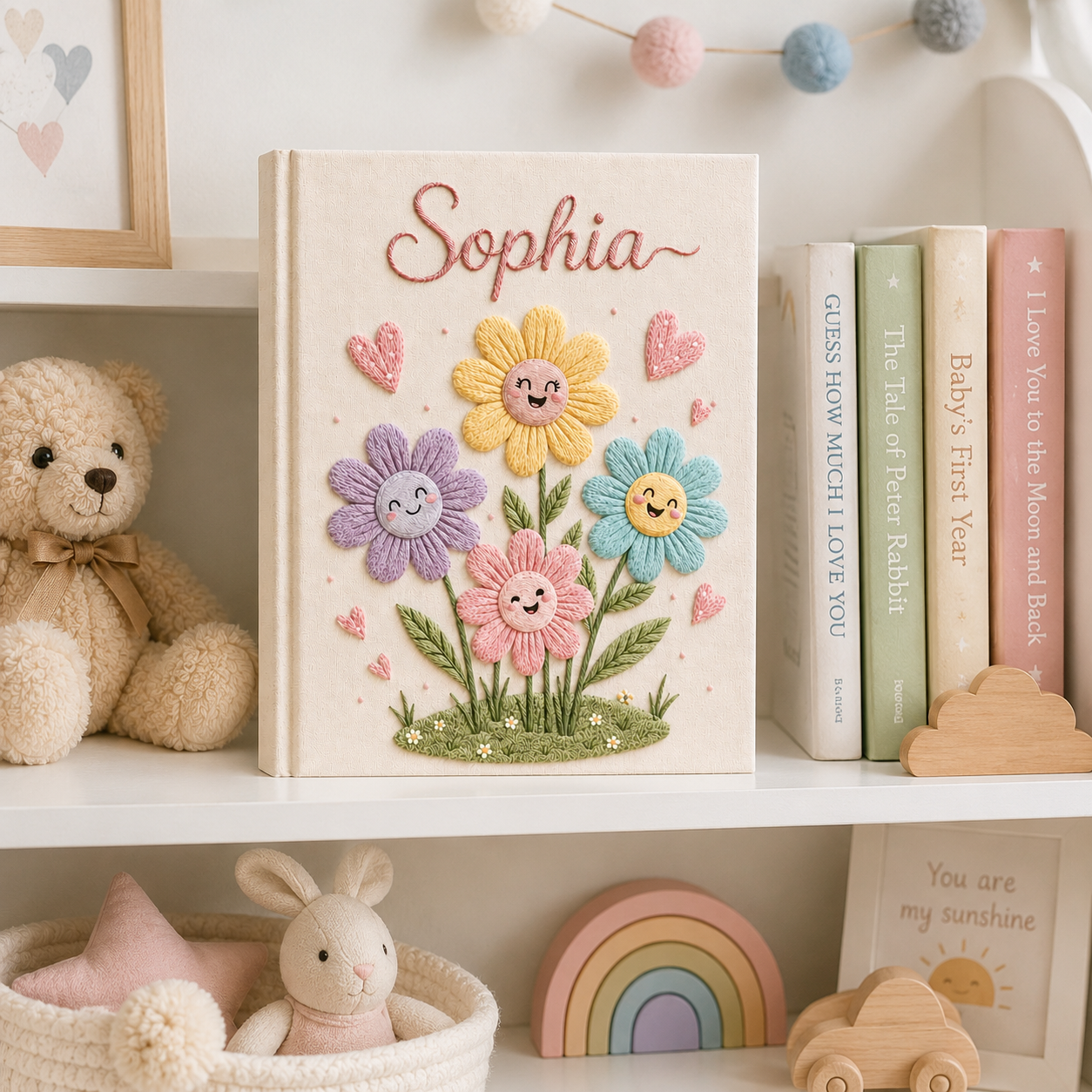 Personalized Flower Baby Photo Album, Custom Hand Embroidered Keepsake Album with Sleeves, Cute Linen Memory Book EPLB08