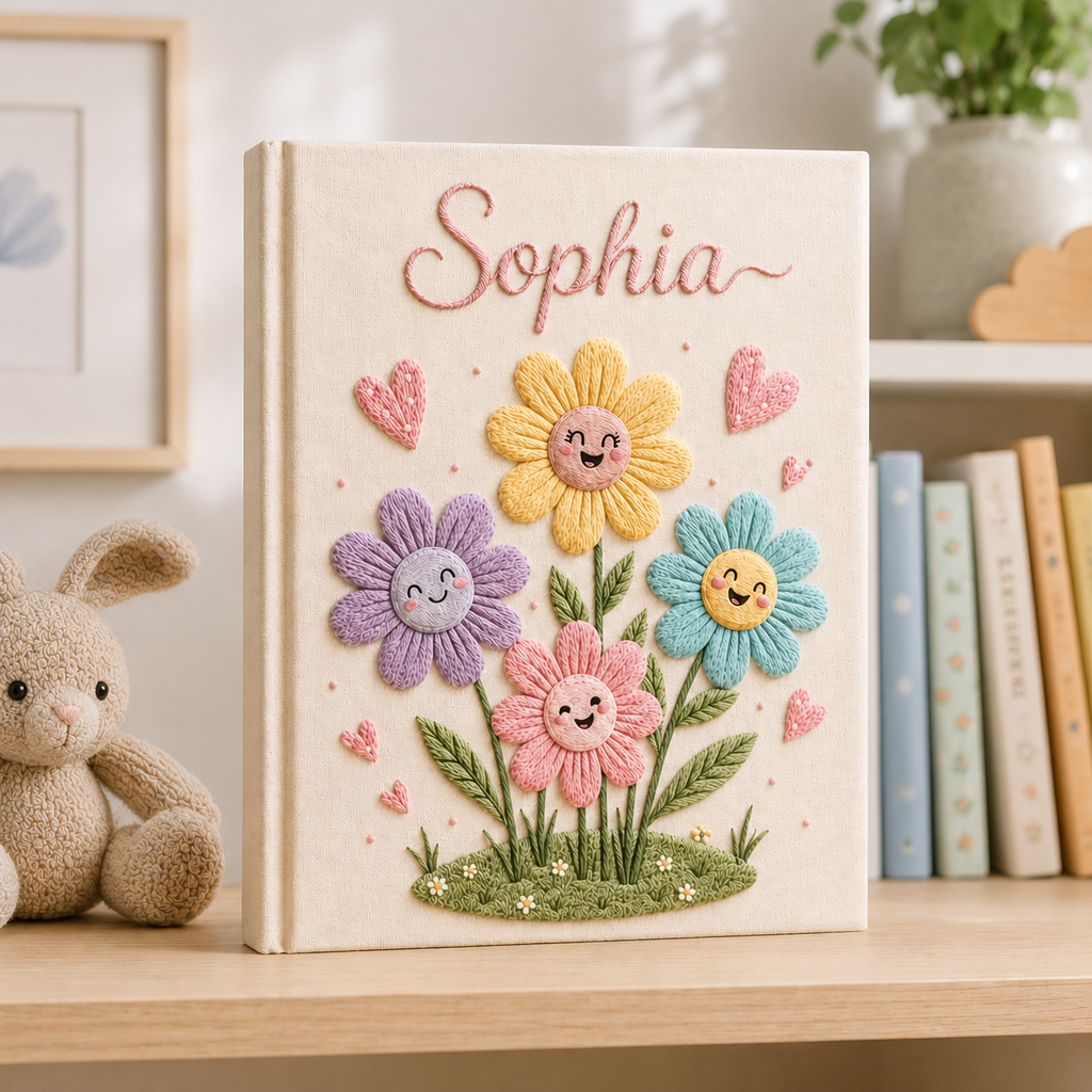 Personalized Flower Baby Photo Album, Custom Hand Embroidered Keepsake Album with Sleeves, Cute Linen Memory Book EPLB08