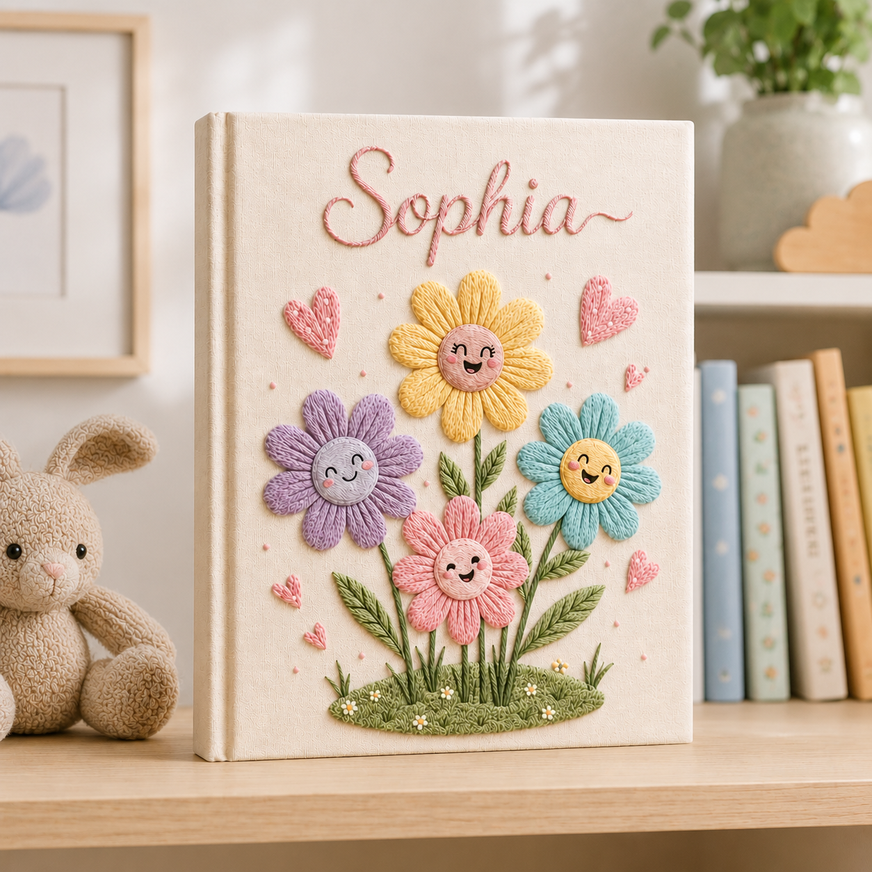 Personalized Flower Baby Photo Album, Custom Hand Embroidered Keepsake Album with Sleeves, Cute Linen Memory Book EPLB08