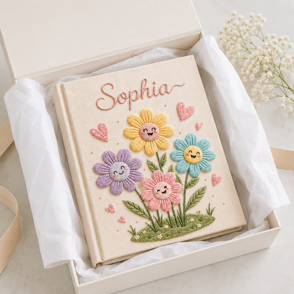 Personalized Flower Baby Photo Album, Custom Hand Embroidered Keepsake Album with Sleeves, Cute Linen Memory Book EPLB08