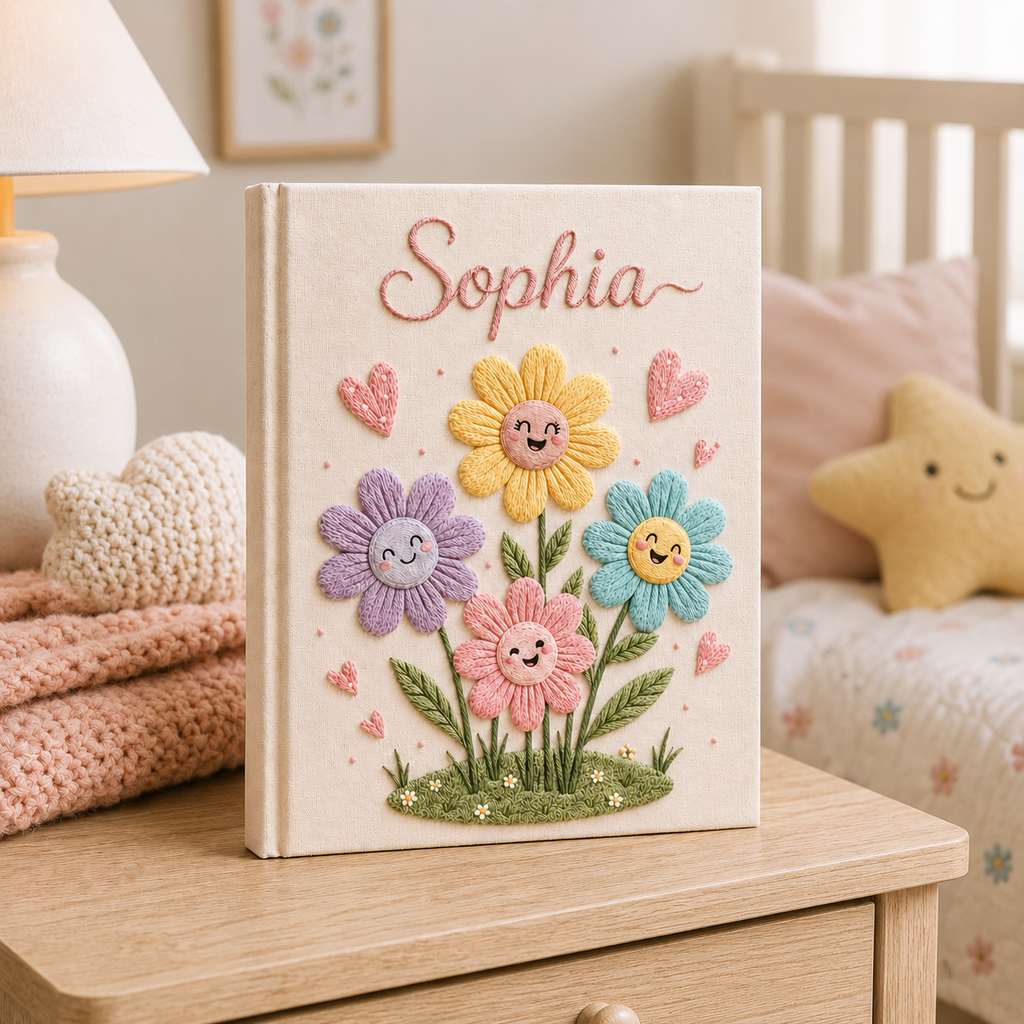 Personalized Flower Baby Photo Album, Custom Hand Embroidered Keepsake Album with Sleeves, Cute Linen Memory Book EPLB08