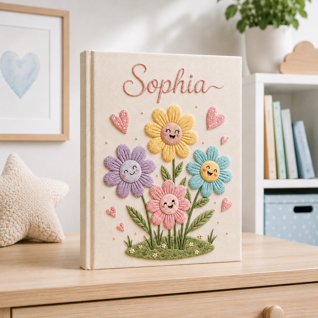 Personalized Flower Baby Photo Album, Custom Hand Embroidered Keepsake Album with Sleeves, Cute Linen Memory Book EPLB08