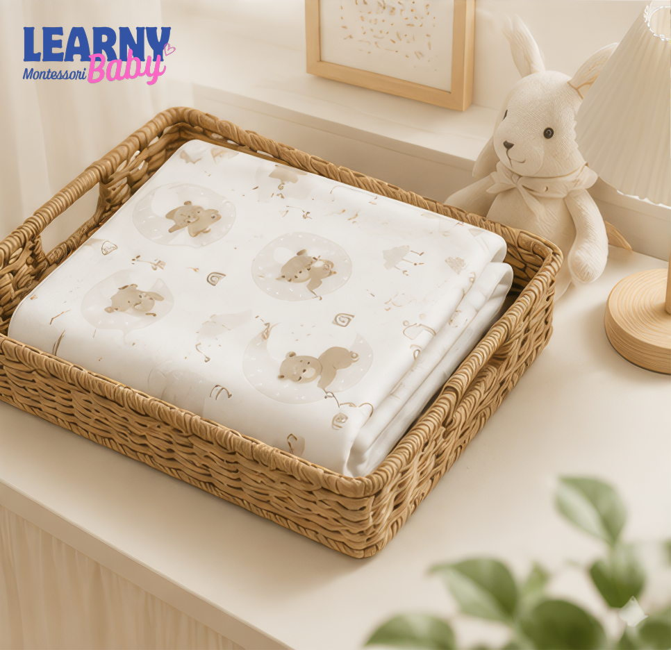 Sleepy Bear Bamboo Baby Blanket, Neutral Moon and Rainbow Nursery Blanket, Soft Newborn Receiving Blanket, Baby Shower Gift