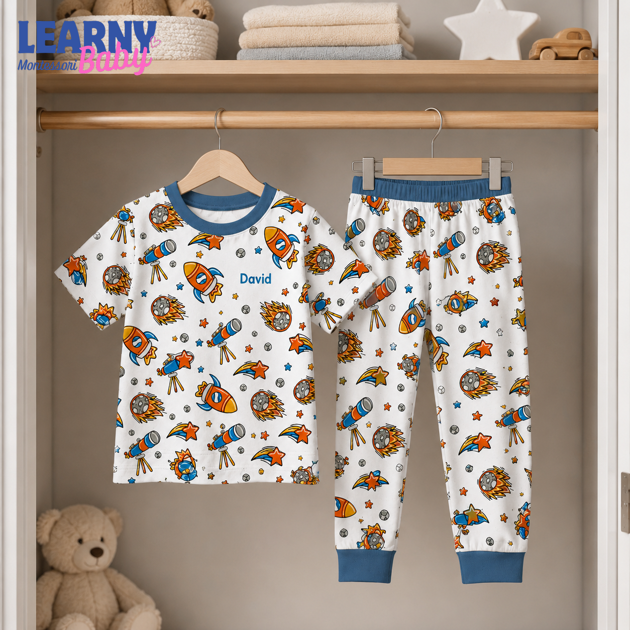 Personalized Space Bamboo Pajamas for Kids, Custom Name Rocket Telescope and Galaxy Short Sleeve Sleepwear Set
