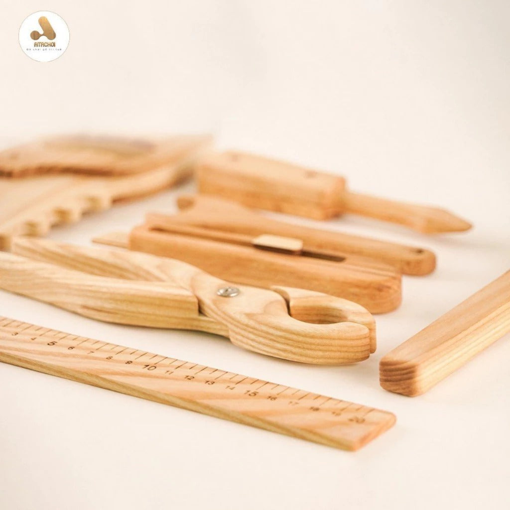 Wooden Engineer Tool Toy Set – 7-Piece Educational Wooden Construction Tools for Kids, Safe Pretend Play STEM Learning Toy for Toddlers and Children
