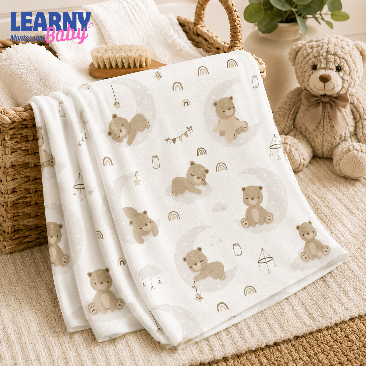 Sleepy Bear Bamboo Baby Blanket, Neutral Moon and Rainbow Nursery Blanket, Soft Newborn Receiving Blanket, Baby Shower Gift