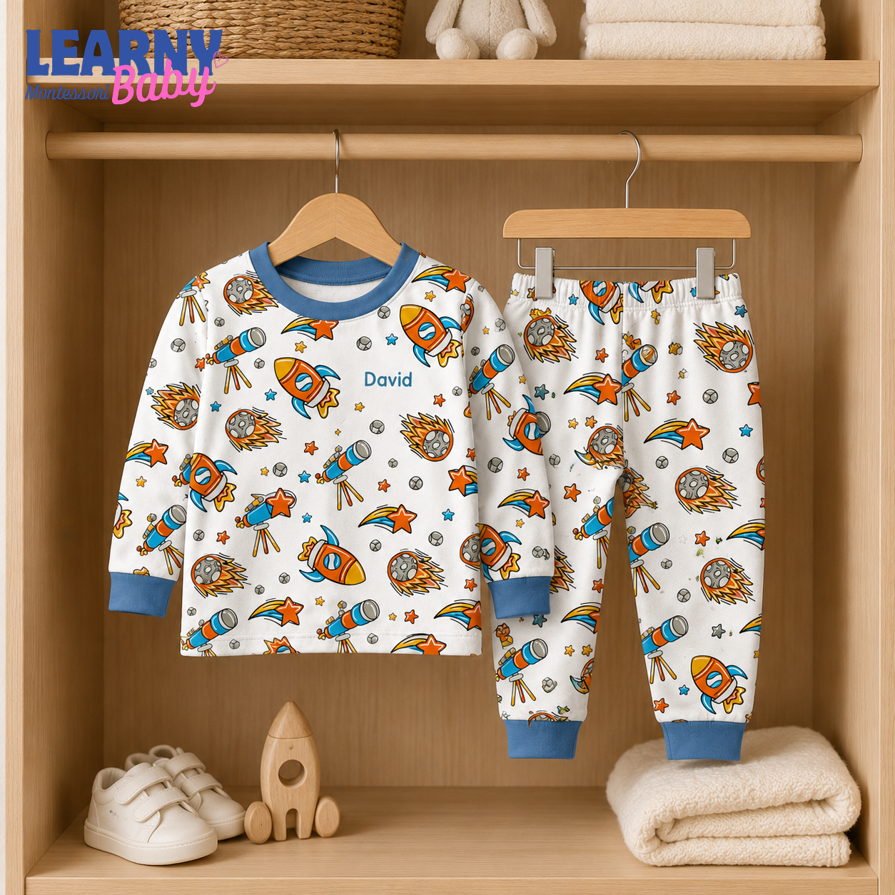 Personalized Space Bamboo Pajamas for Kids, Custom Name Rocket Telescope and Galaxy Short Sleeve Sleepwear Set