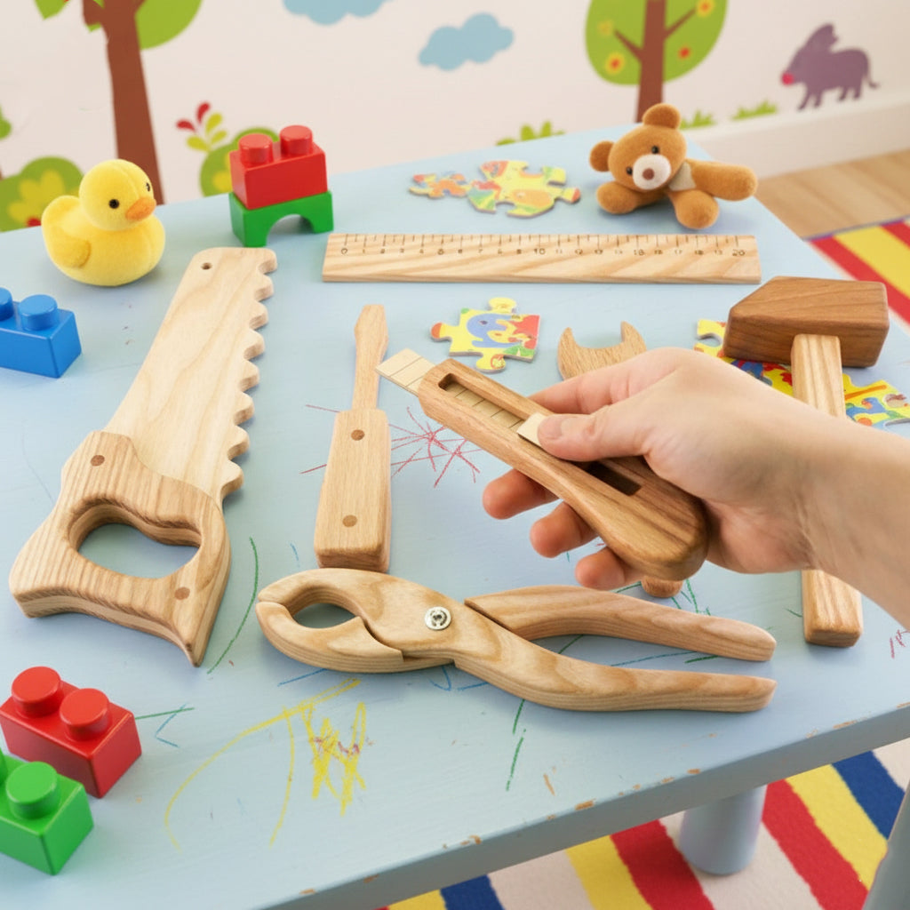 Wooden Engineer Tool Toy Set – 7-Piece Educational Wooden Construction Tools for Kids, Safe Pretend Play STEM Learning Toy for Toddlers and Children