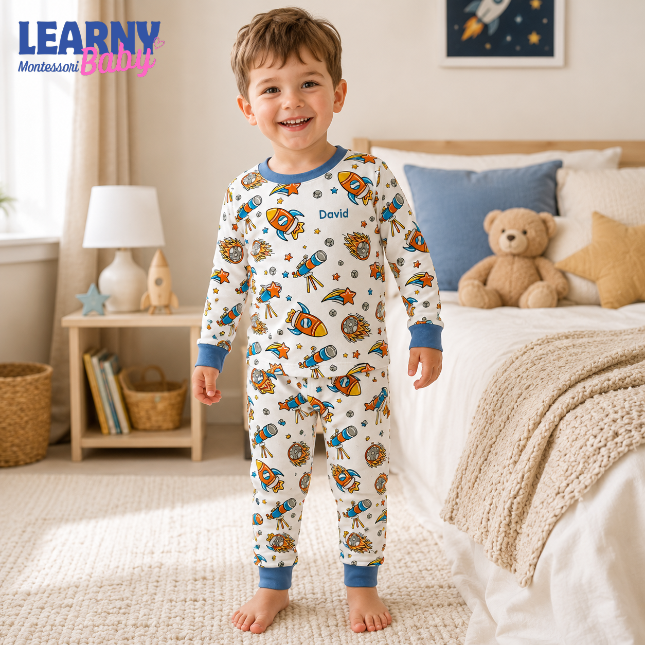 Personalized Space Bamboo Pajamas for Kids, Custom Name Rocket Telescope and Galaxy Short Sleeve Sleepwear Set