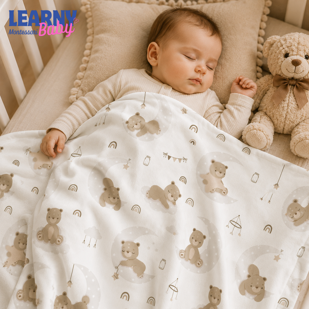 Sleepy Bear Bamboo Baby Blanket, Neutral Moon and Rainbow Nursery Blanket, Soft Newborn Receiving Blanket, Baby Shower Gift