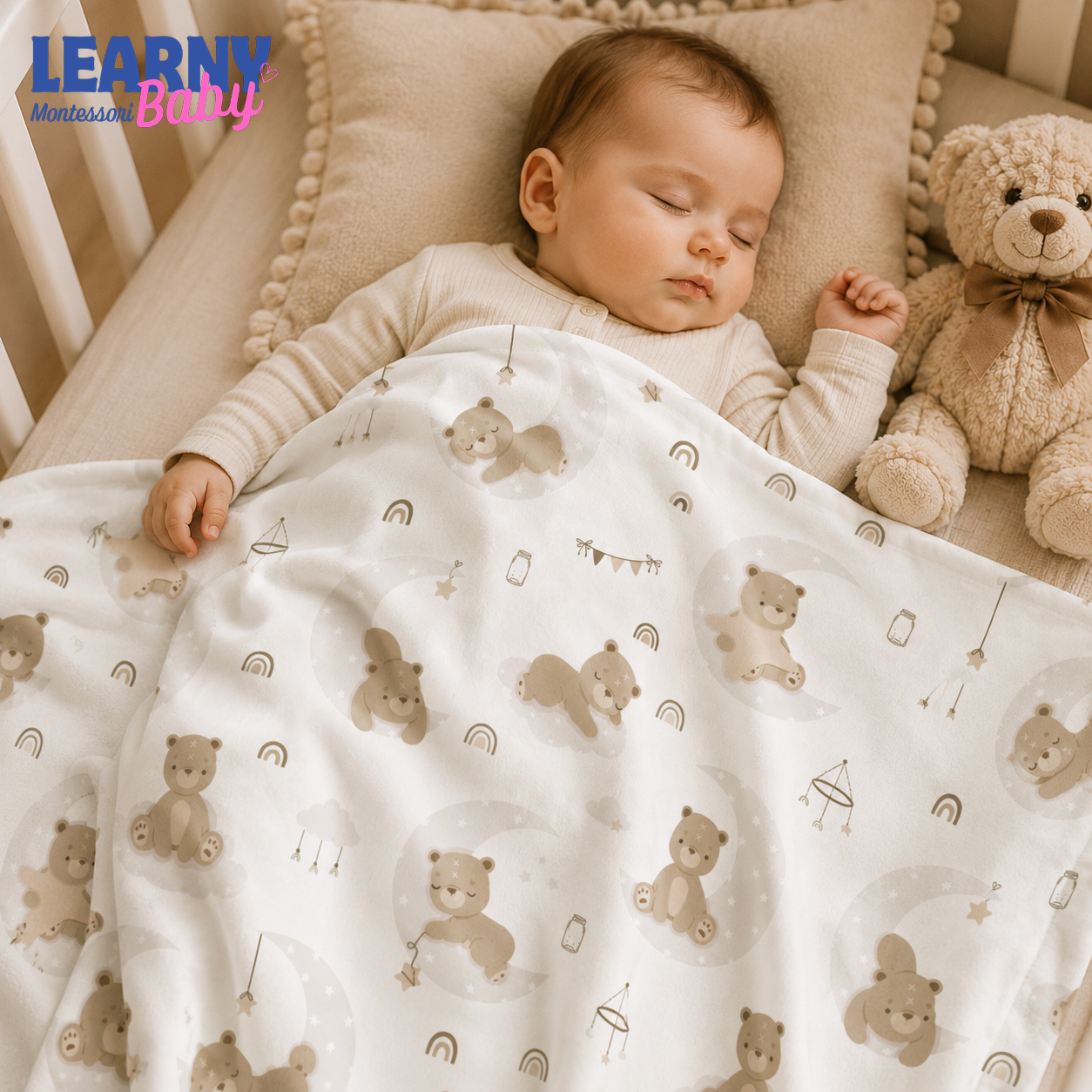 Sleepy Bear Bamboo Baby Blanket, Neutral Moon and Rainbow Nursery Blanket, Soft Newborn Receiving Blanket, Baby Shower Gift