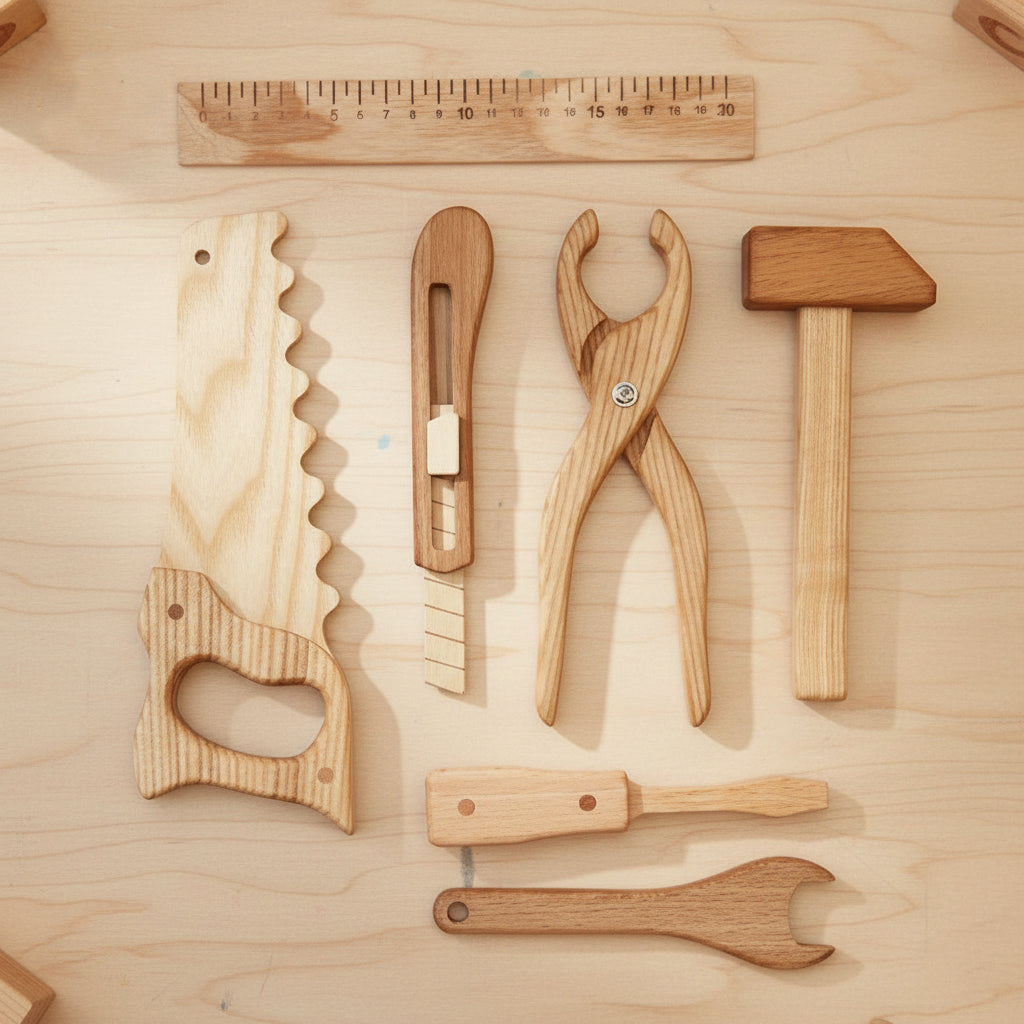 Wooden Engineer Tool Toy Set – 7-Piece Educational Wooden Construction Tools for Kids, Safe Pretend Play STEM Learning Toy for Toddlers and Children