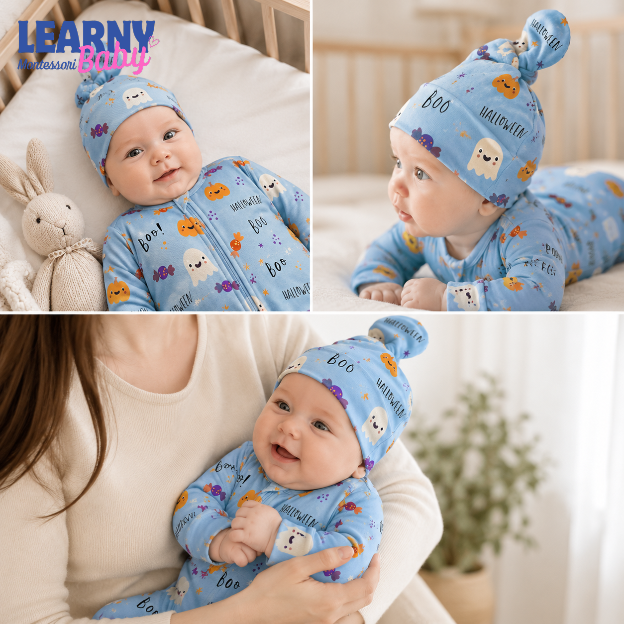 Blue Halloween Bamboo Baby Knotted Hat, Cute Ghost Pumpkin Newborn Beanie, Baby Halloween Coming Home Outfit Accessory