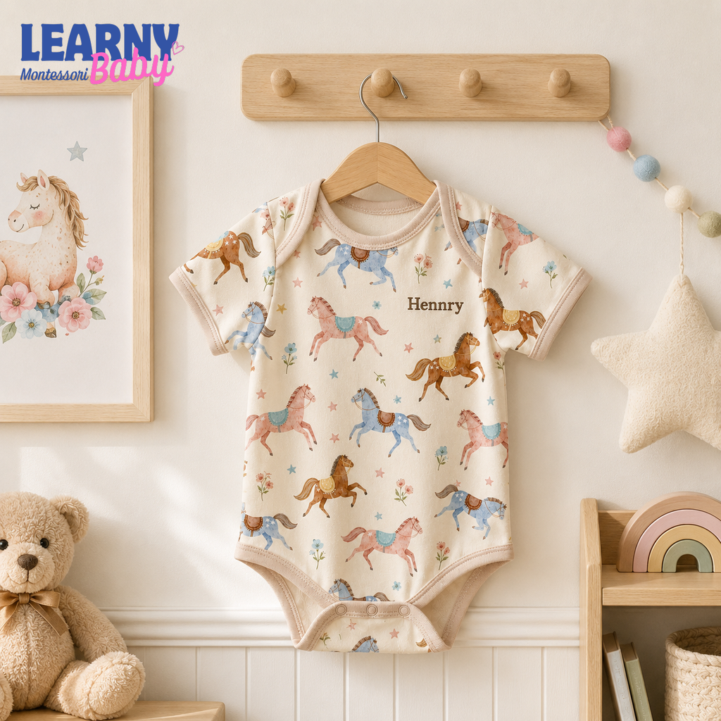 Bamboo Baby Bodysuit, Personalized Horse Baby Onesie, Soft Bamboo Viscose Newborn Bodysuit