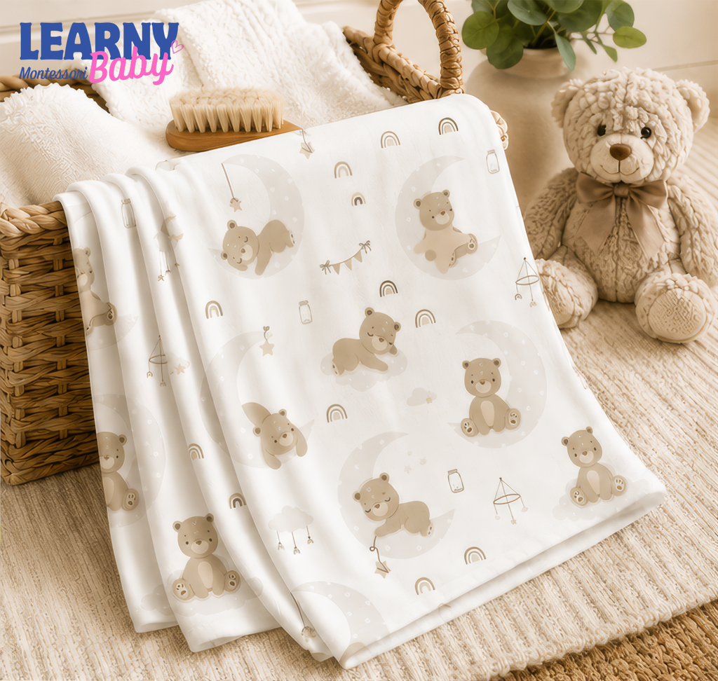 Sleepy Bear Bamboo Baby Blanket, Neutral Moon and Rainbow Nursery Blanket, Soft Newborn Receiving Blanket, Baby Shower Gift
