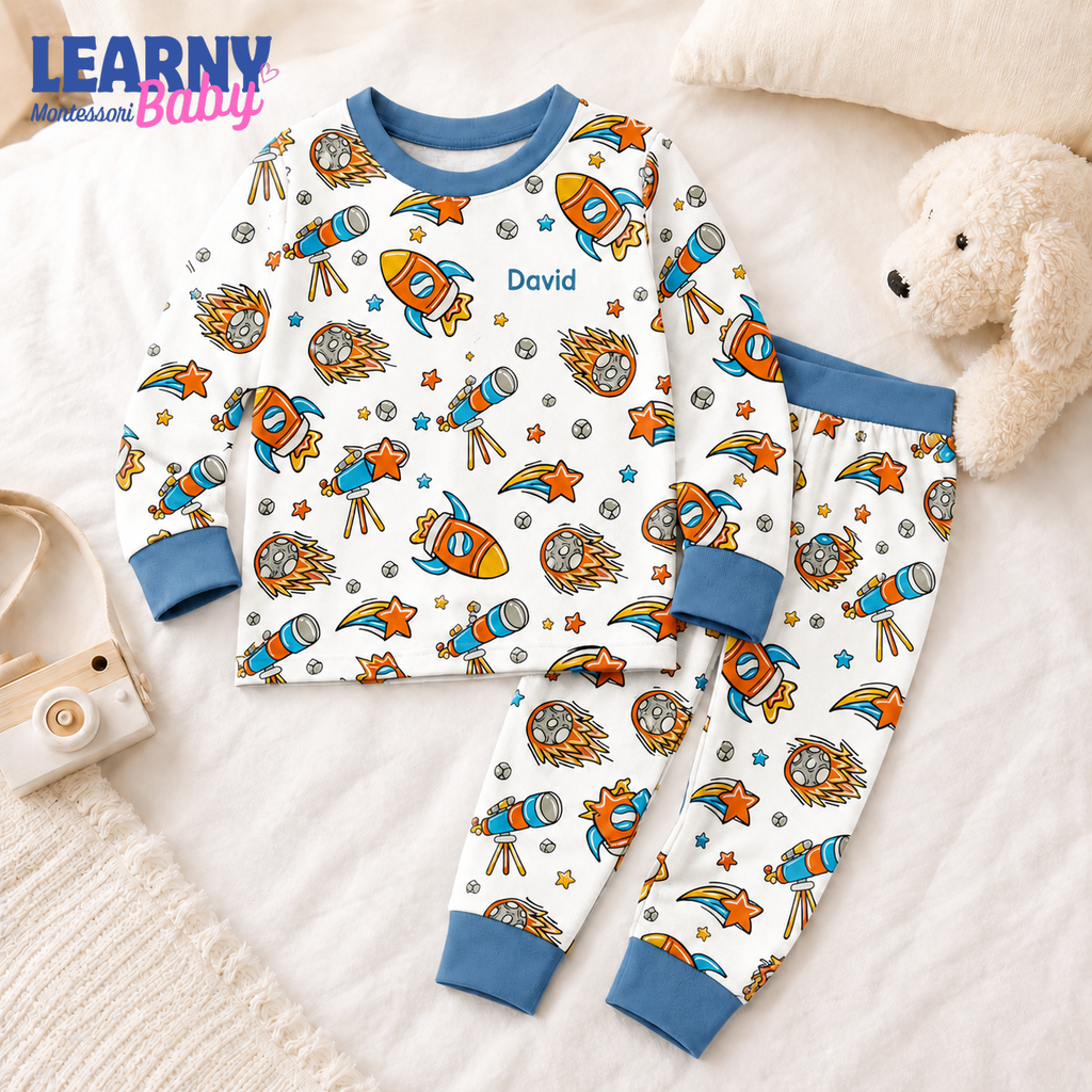 Personalized Space Bamboo Pajamas for Kids, Custom Name Rocket Telescope and Galaxy Short Sleeve Sleepwear Set