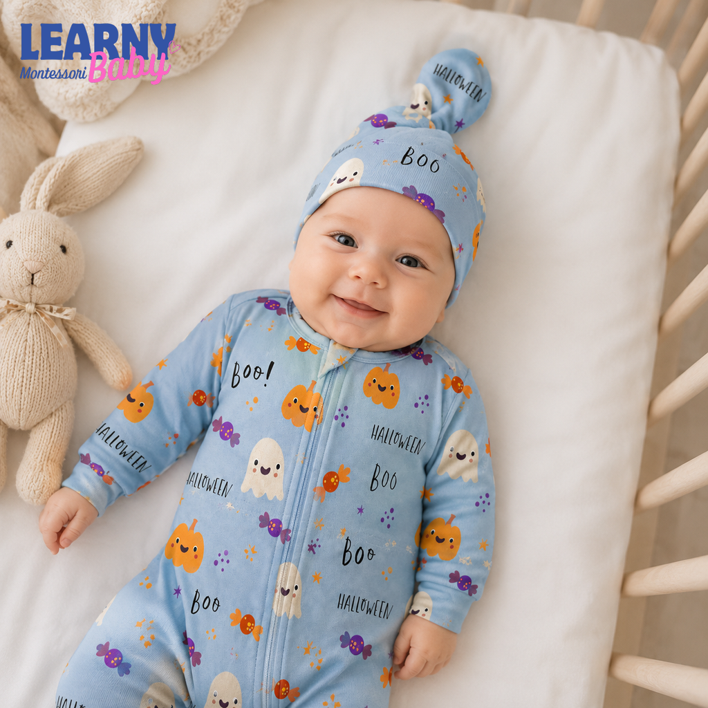 Blue Halloween Bamboo Baby Knotted Hat, Cute Ghost Pumpkin Newborn Beanie, Baby Halloween Coming Home Outfit Accessory